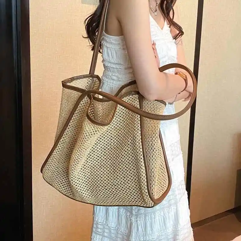 Fashionable Straw Woven Shoulder Bag for Women Summer Travel Versatile Beach Bag Soft Handbag Korean Style Synthetics Interior