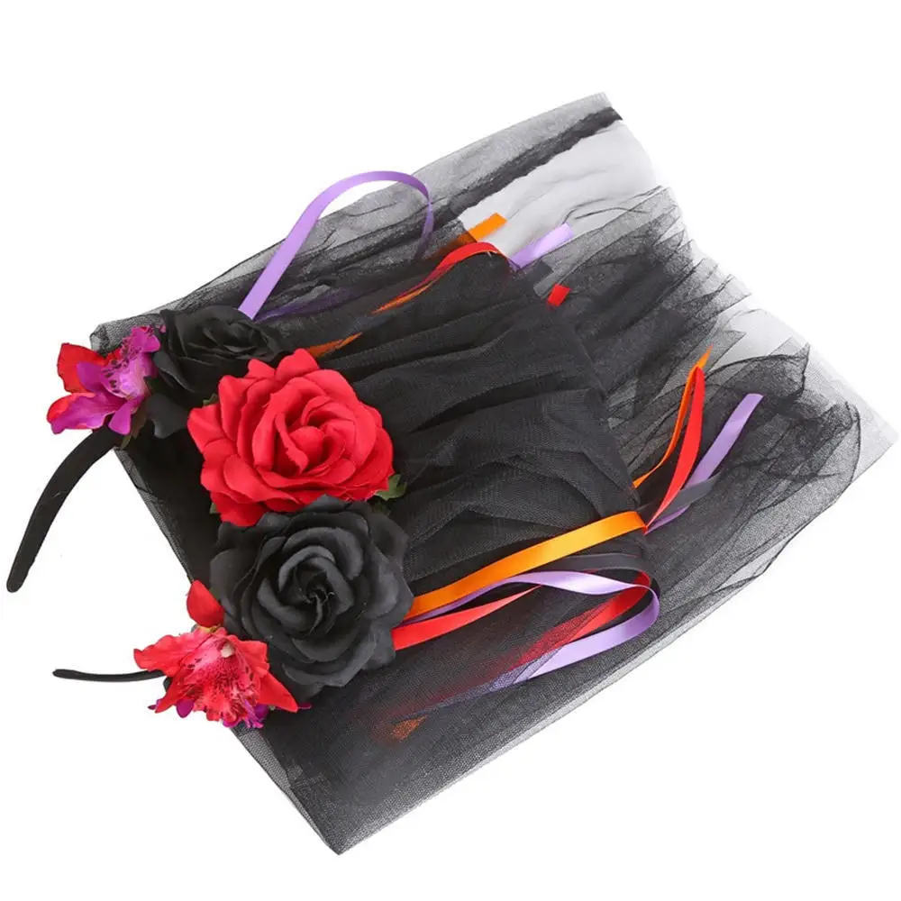 Diadema gótica de Halloween para mujer, tocado de flores del Día de los muertos con velo de araña, banda para el cabello Floral para fiesta de Cosplay, Festival