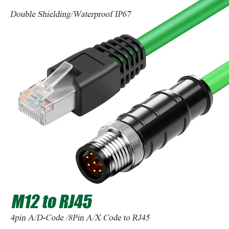 M12 to RJ45 Ethernet Cable Male Female 4/8Pin A/D/X Type Connection Coding Line Cat6A High Flexible Twisted Pair Shielded Wire