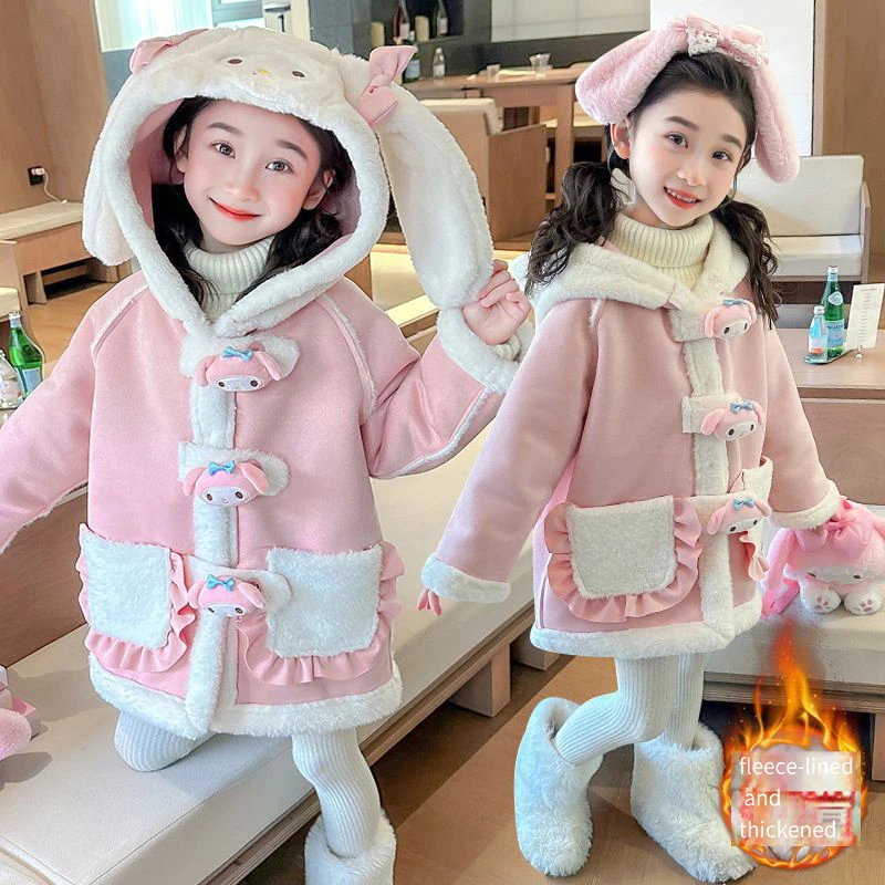 Sanrios Girl Velvet Coat Autumn Winter New My Melody Jacket Child Clothing Medium Length Anime Figure Kawaii Cartoon Coat