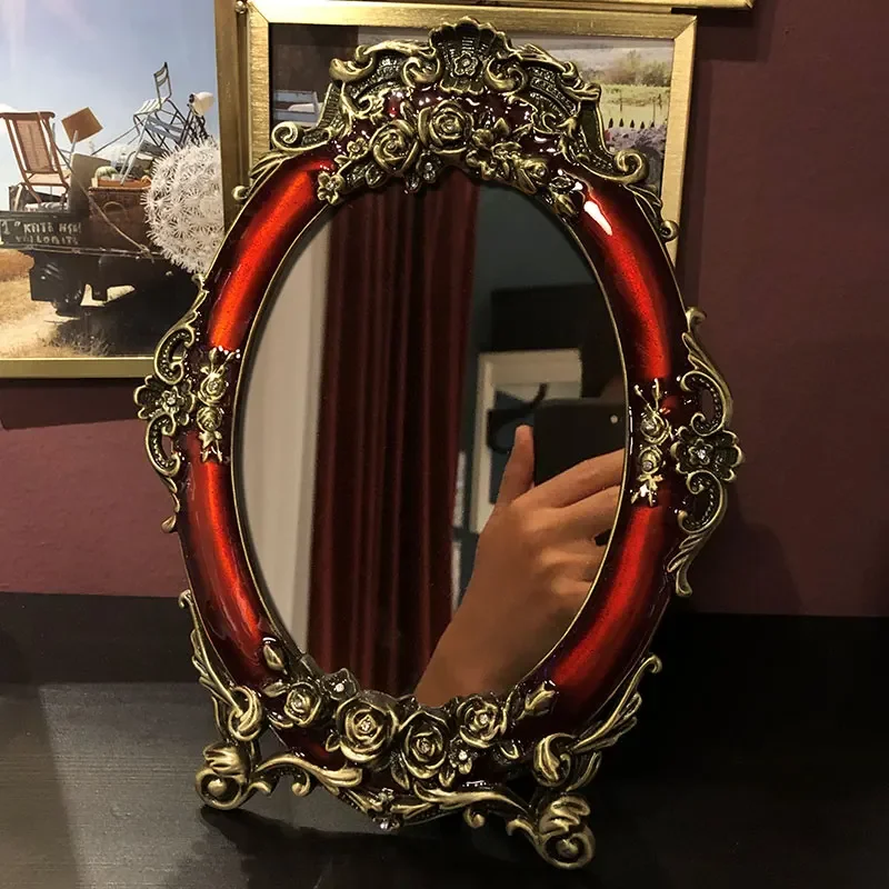 Red Rose Design Makeup Mirror High-Definition Bride's Dowry Metal Desktop Wedding Gift Dressing Mirror for Brides