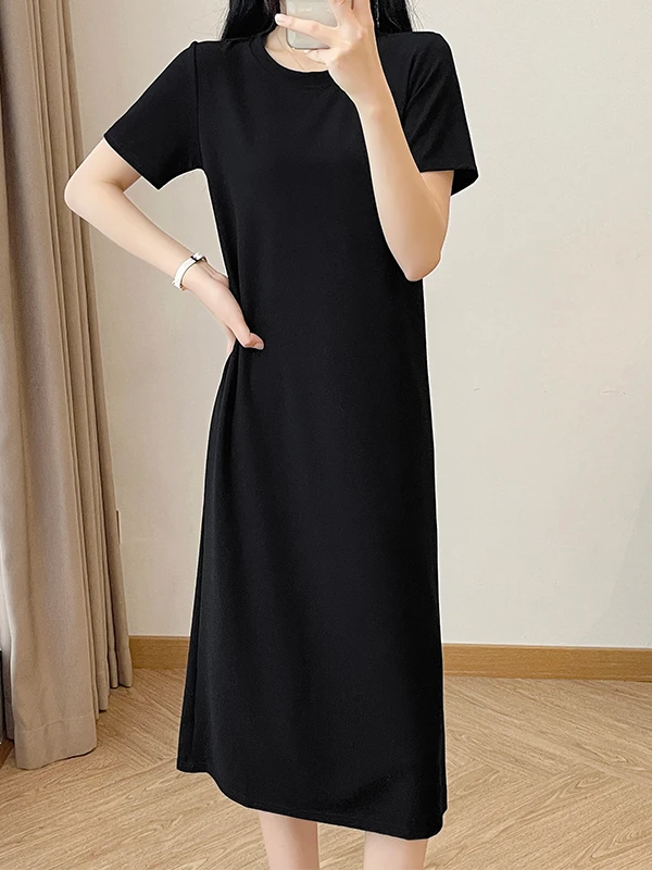 Early Autumn New Black Short Sleeved Dress, Women's Straight Tube Loose Fit Slimming Round Neck T-shirt, Long Skirt
