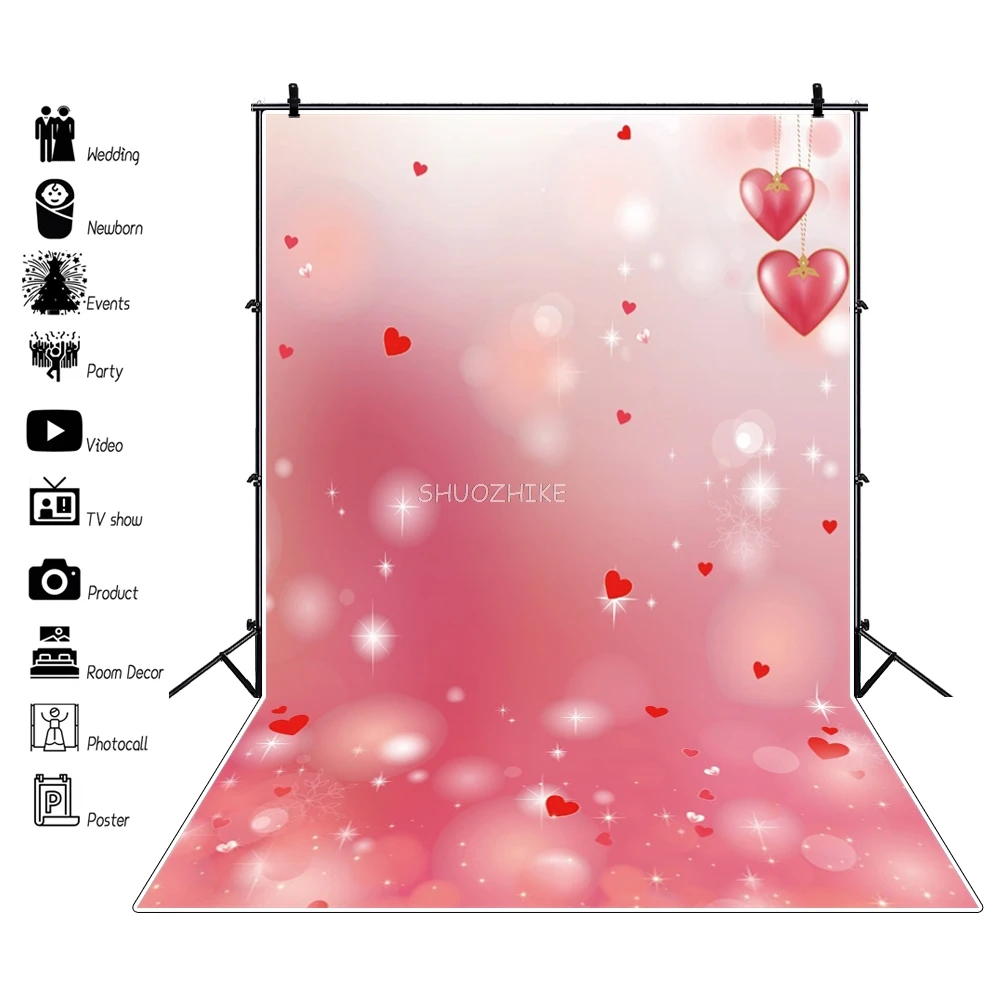 February 14 Valentine's Day Backdrop Photography Red Rose Love Heart Glitter Light Bokeh Floral Wedding Portrait Background