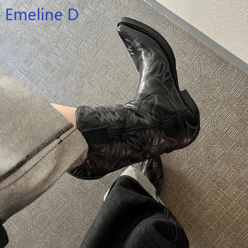Unisex Retro Western Cowboy Boots White Stitch Embroidery Square Toe Low Heel Pull Loops Black Leather Mid Calf Footwear