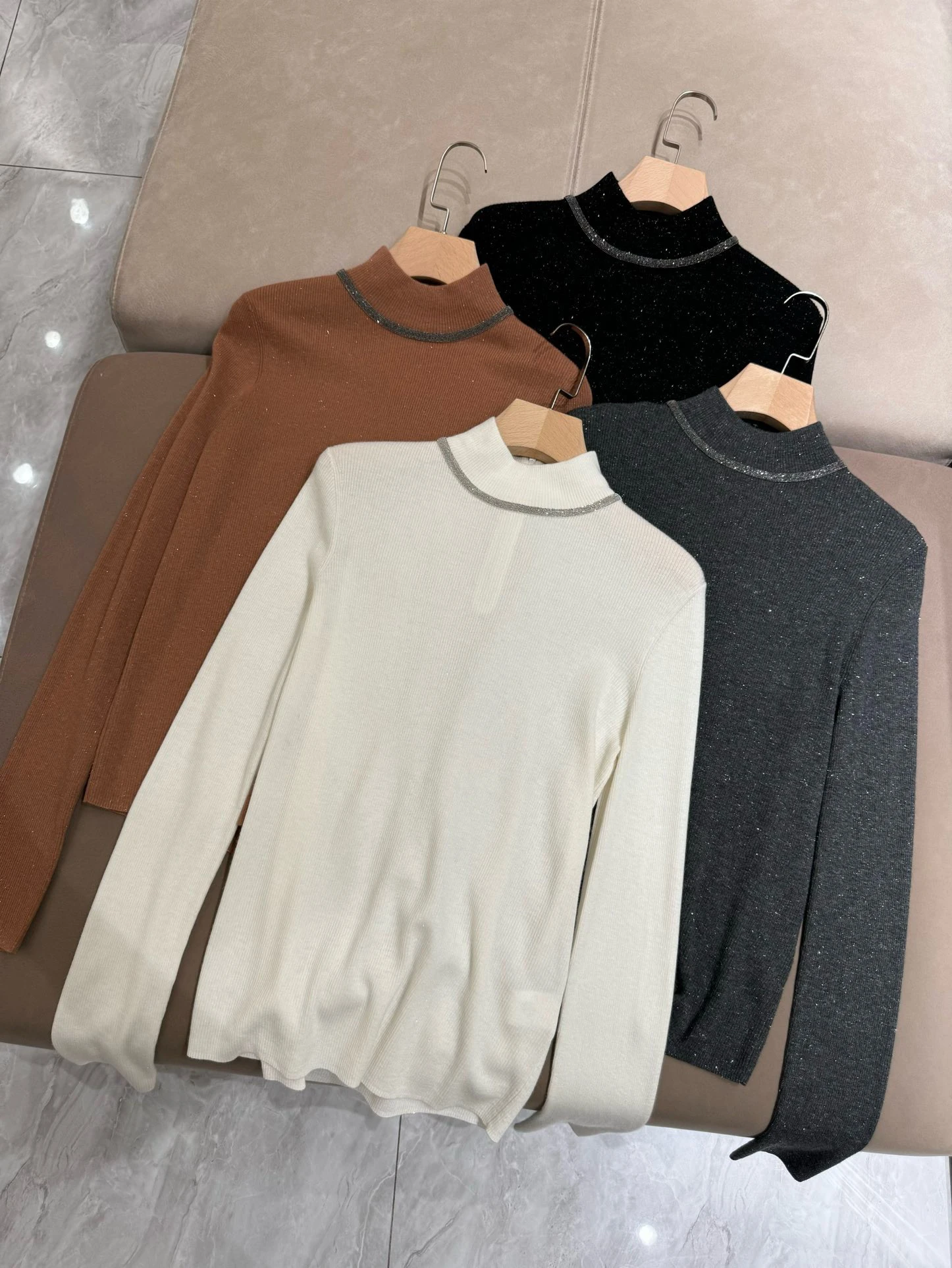 Women's Autumn Winter 2024 Wool Cashmere Blended Chain Half-high Collar Knitted Sweater Shiny Pullover Bottoming Shirt