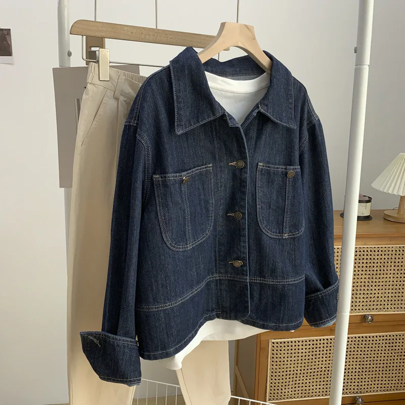 Vintage Dark Blue Denim Jacket Women Short Turn-down Collar Single Breasted Loose Washed Female Spring Long Sleeve Jean Coats