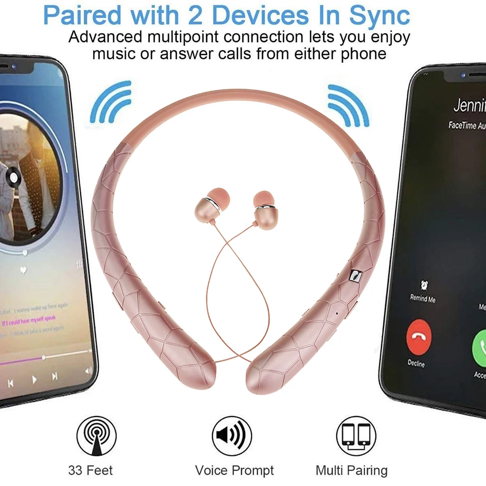 Neckband Headset Waterproof Stereo Earphones Bluetooth-Compatible5.0 Noise Canceling Retractable Earbuds for iPhone Samsung LG