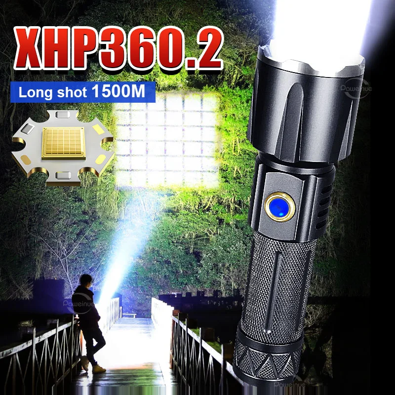 Xhp360.2 Super Bright Led Powerful Flashlight Portable Rechargeable Torch Light Tactical Flashlights Waterproof Camping Lantern