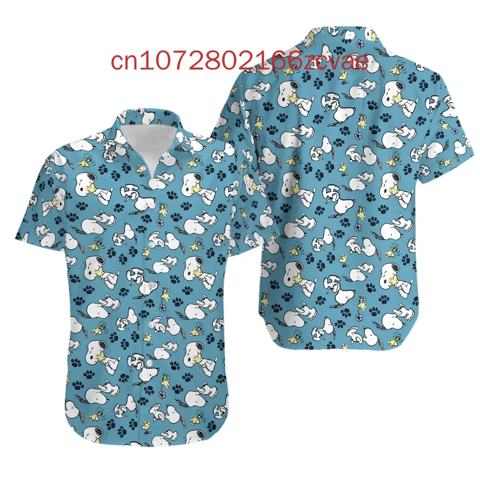 Disney New Summer Hawaiian Shirt Snoopy Men's and Women's Children's Short Sleeved Casual Button Up Shirt