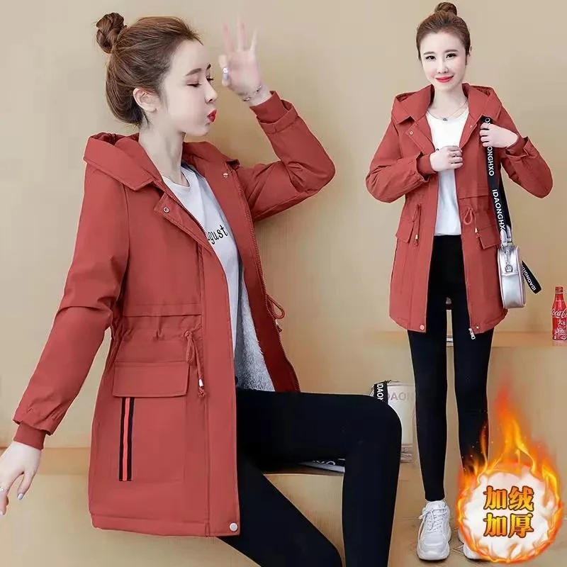 2025 Fashion New Korean All-match Hooded Women Trench Coat Autumn Windbreaker Winter Jacket Thick Warm Fleece Mid-Length Outwear