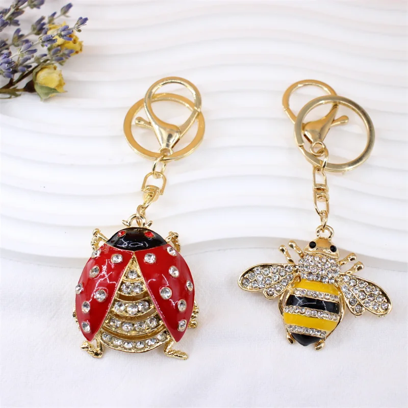 Creative Rhinestone Bee Keychain And Cute Red Ladybug Insect Pendant Keyring For Women Handbag Charm Jewelry