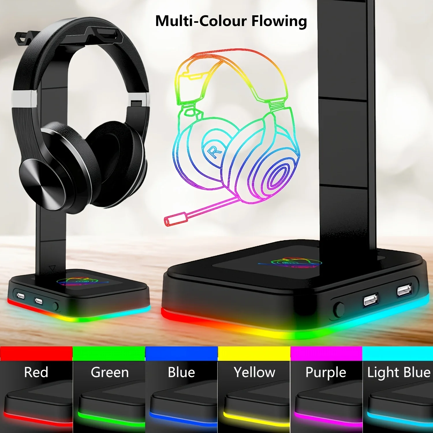 Gaming Headset Stand Adjustable Speed RGB Color-Changing LED with Dual USB Ports for Keyboard Mouse Headphones Phone Charging