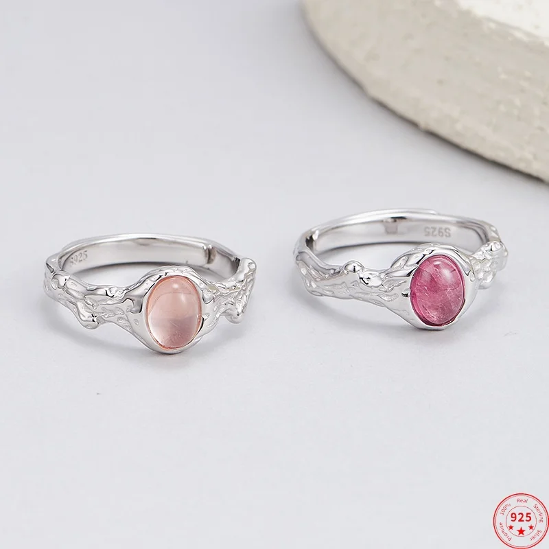 S925 Sterling Silver Rings for Women Men Cold Style Texture Pattern Natural Tourmaline Rose Quartz Fashion Jewelry Wholesale