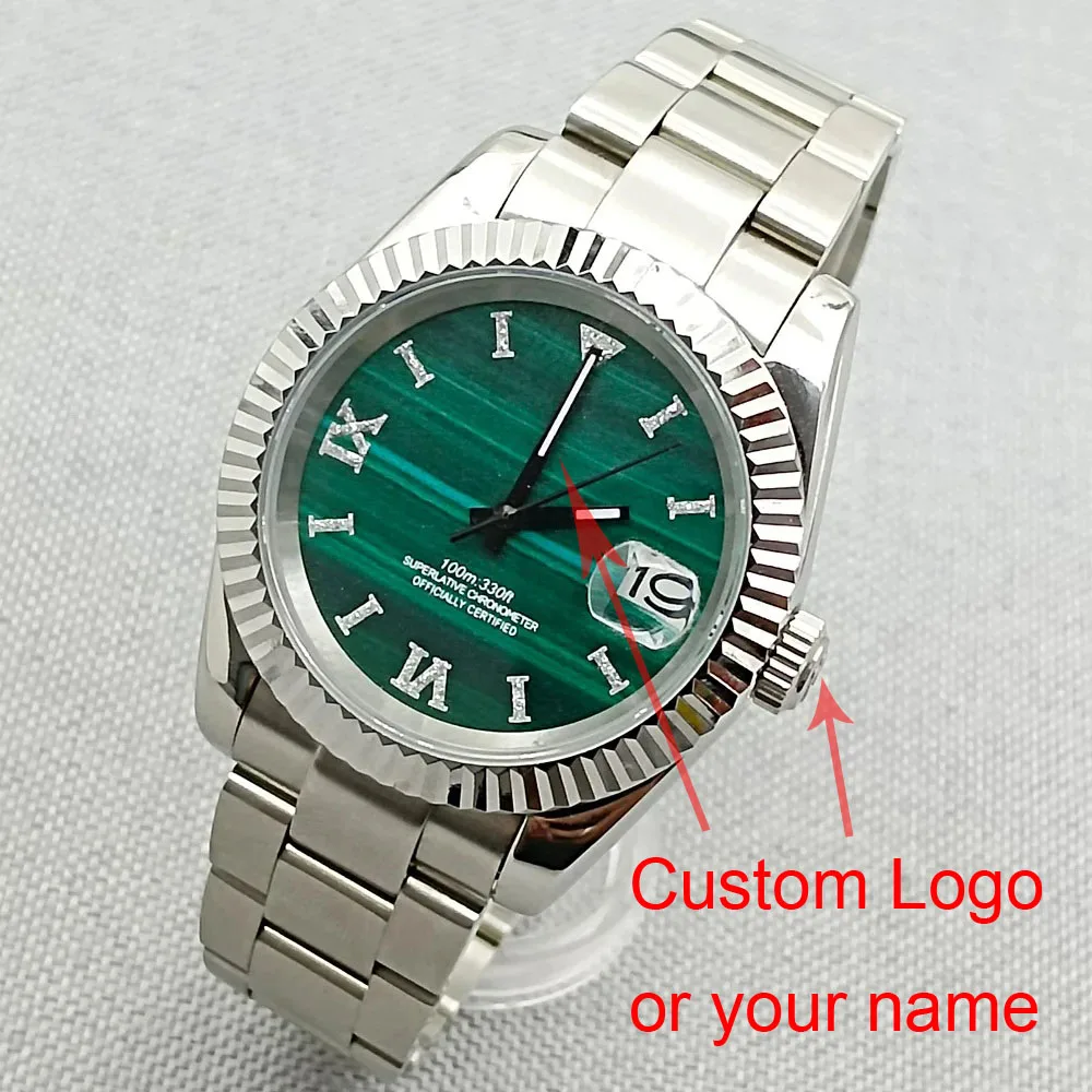 DEBERT 36mm/39mm NH35 Automatic Fluted Bezel Roman Hours Marks Date Glide Malachite Green Dial Men Watch