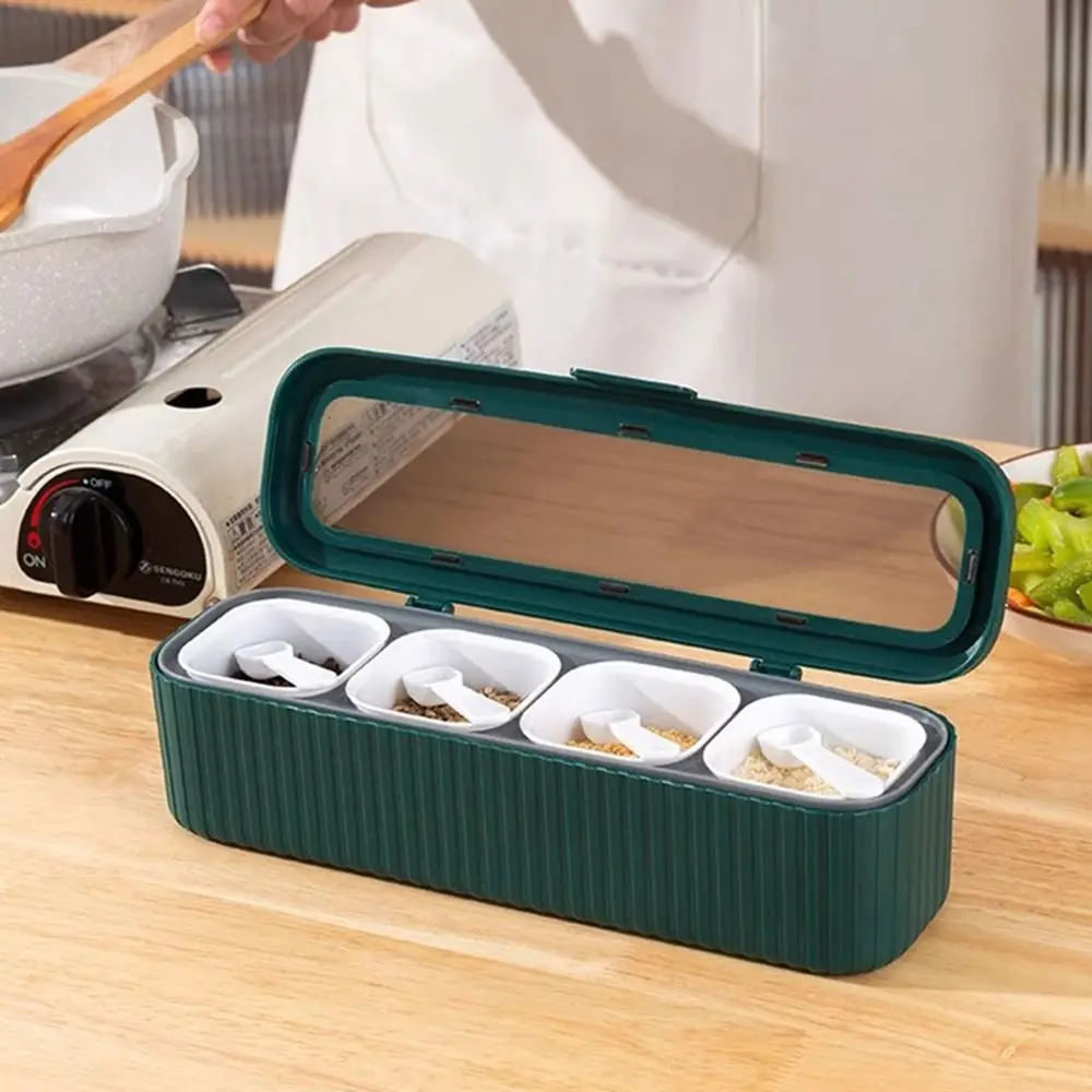 Durable Plasric 4 Grids Seasoning Box Thickened Dustproof Seasoning Storage Box with Spoon Seasoning Storage Container Pepper