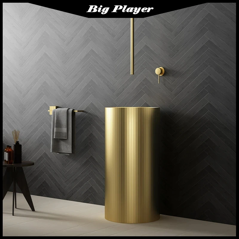 

Metal Stainless Steel Column Basin Modern Minimalist B&B Integrated Floor-standing Washbasin Washstand Basin