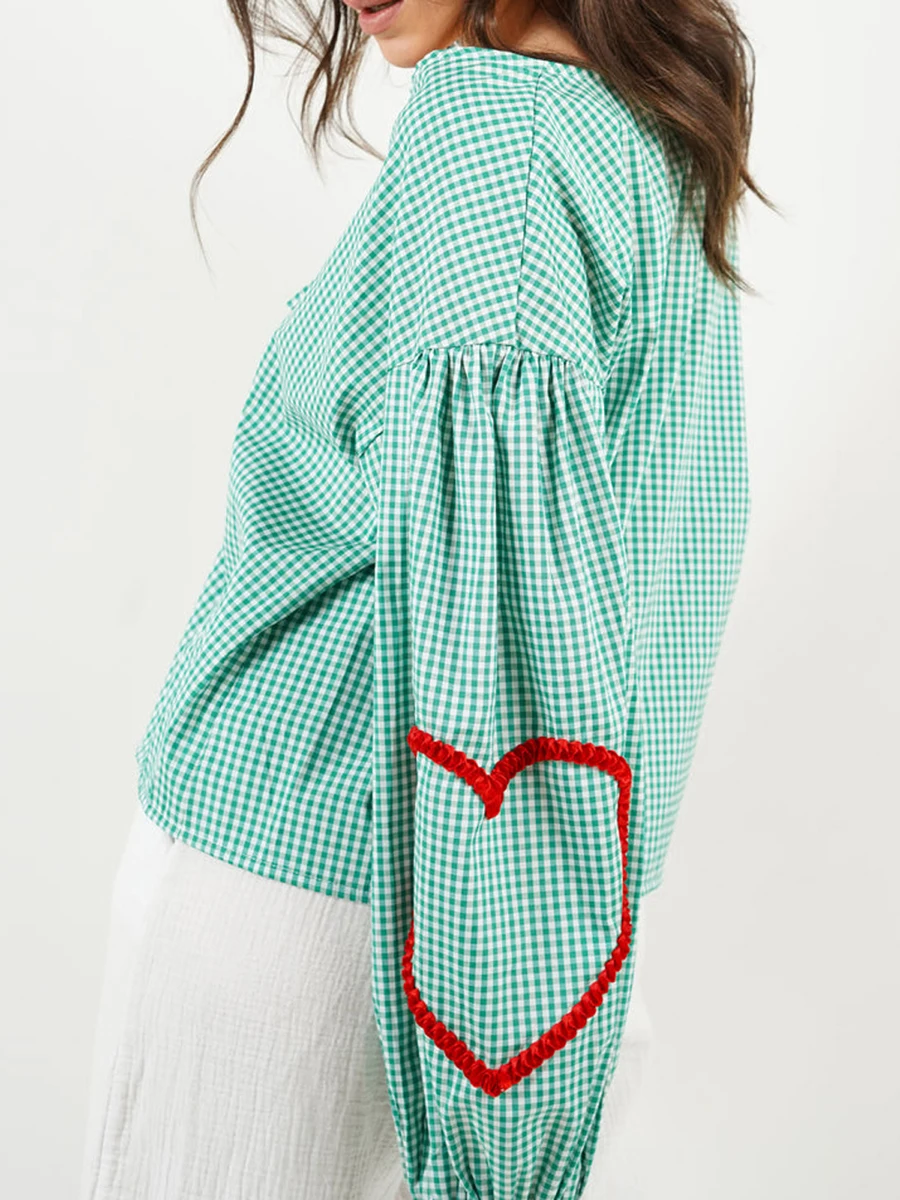 Camisa de manga larga abombada para mujer, Top holgado con lazo a cuadros, cuello en V, lazo frontal abierto, s Gingham Heart