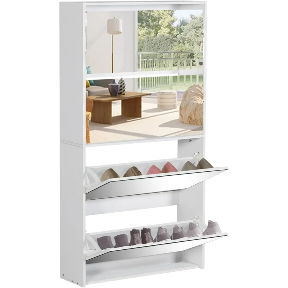 

White Shoe Cabinet for Entryway Slim, Narrow Freestanding Shoe Rack with 4 Flip Drawers&Mirror, Wood Shoe Storage Organizer for