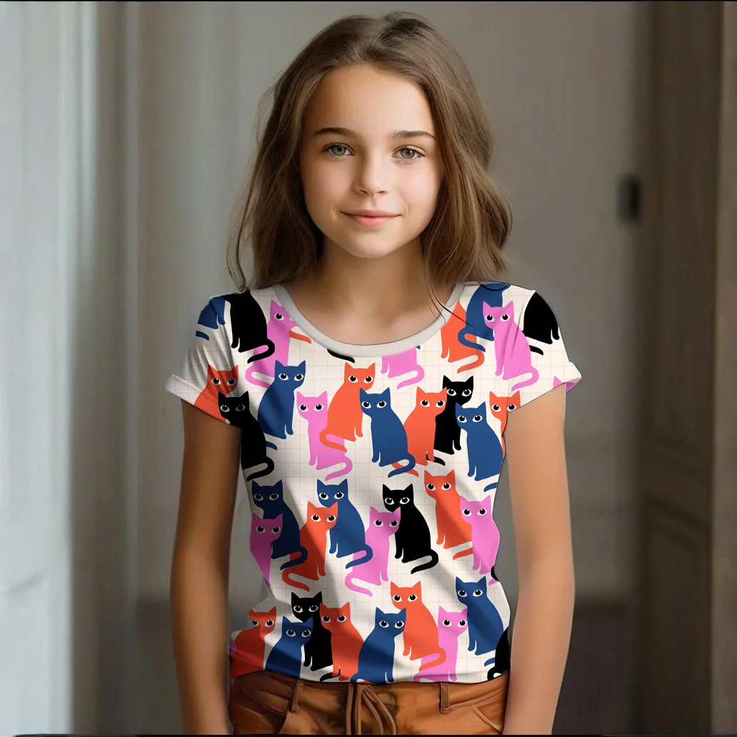 

Одежда для девочек, летняя детская одежда с рисунком кота, детская футболка с короткими рукавами и рисунком, повседневный детский топ с круглым вырезом