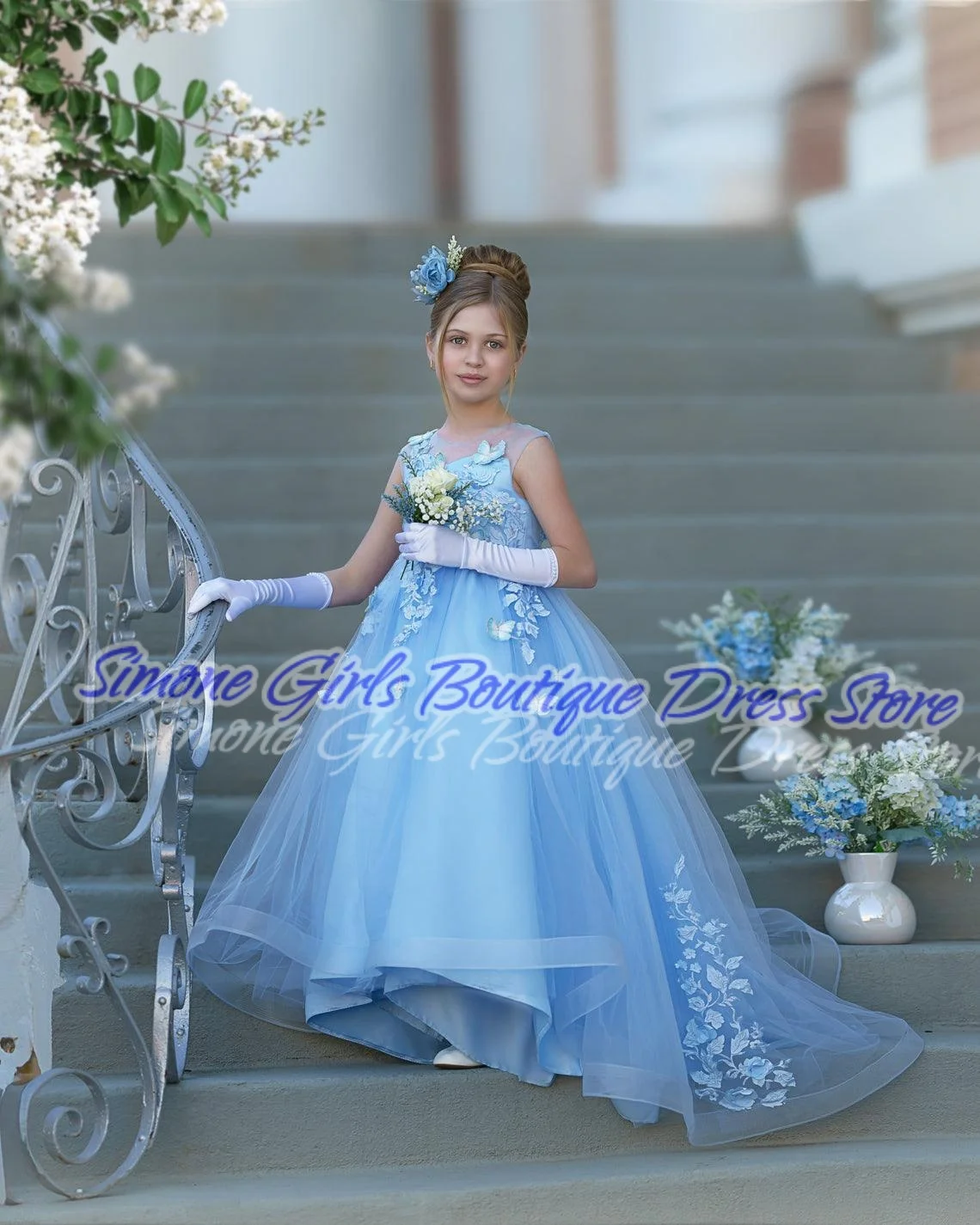 

Sleeveless ball gown Blue patterned princess dress Flower Girl Dress for Birthday party dance Performances Formal Receptions