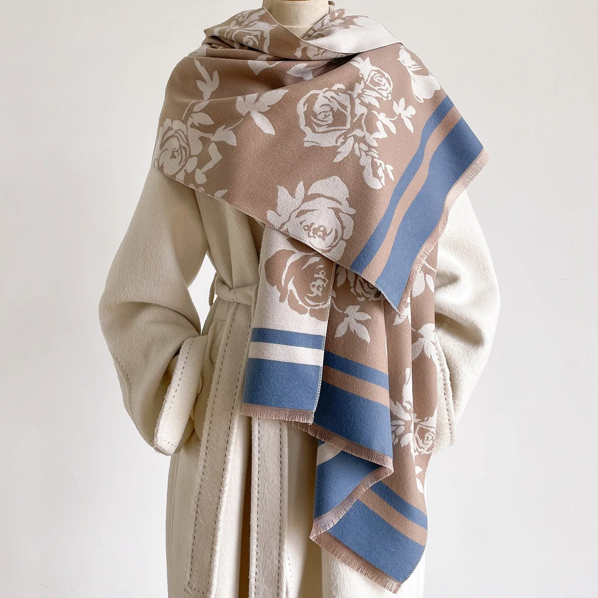 Imitation Cashmere Scarf Women Fringed Thick Warm Shawl Reversible Winter Floral Print Scarf Pashmina Autumn Large Blanket Wrap