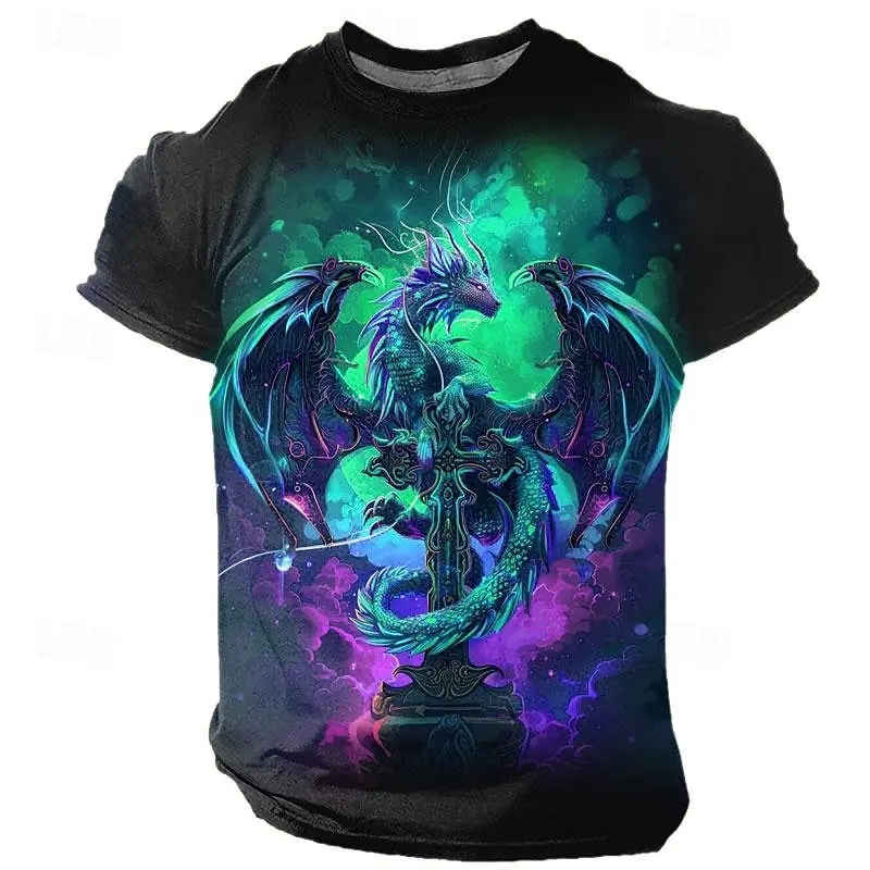 T-shirt à manches courtes et col rond pour hommes, imprimé dragon 3D, motif animal drôle, respirant, décontracté, été, mode