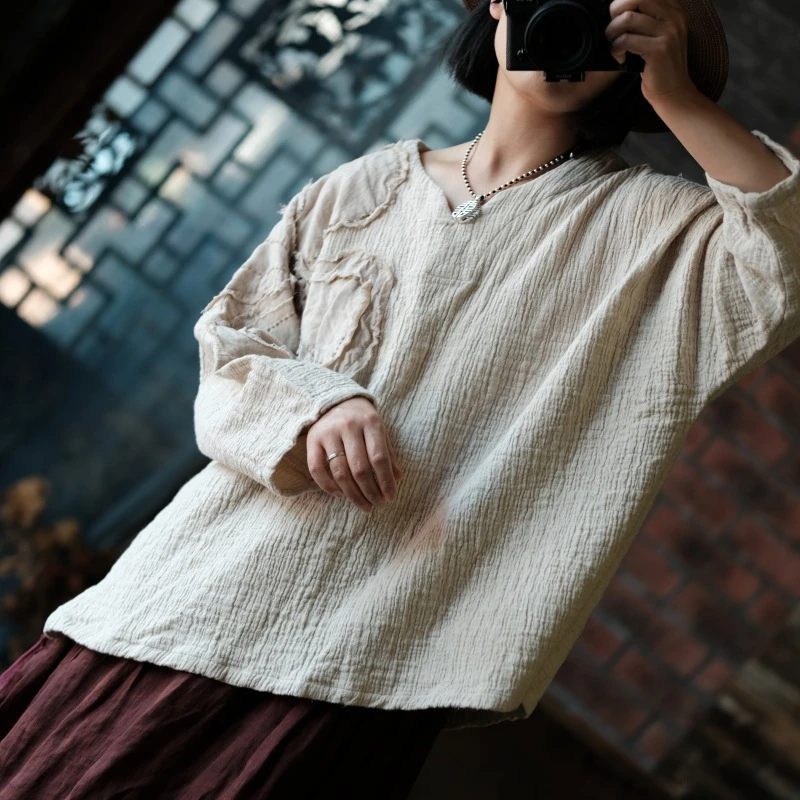 Oversized Women Long Sleeve Cotton Linen T-shirt New 2025 Spring Vintage Style Appliques Loose Female Casual Tops Tees M377