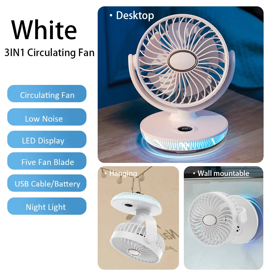 2024 New Rechargeable 180° Adjustable Portable Fan Wall Mounted Fan Air Cooler 8H Timing LED Screen 7 Colorful Lights 5 Gears