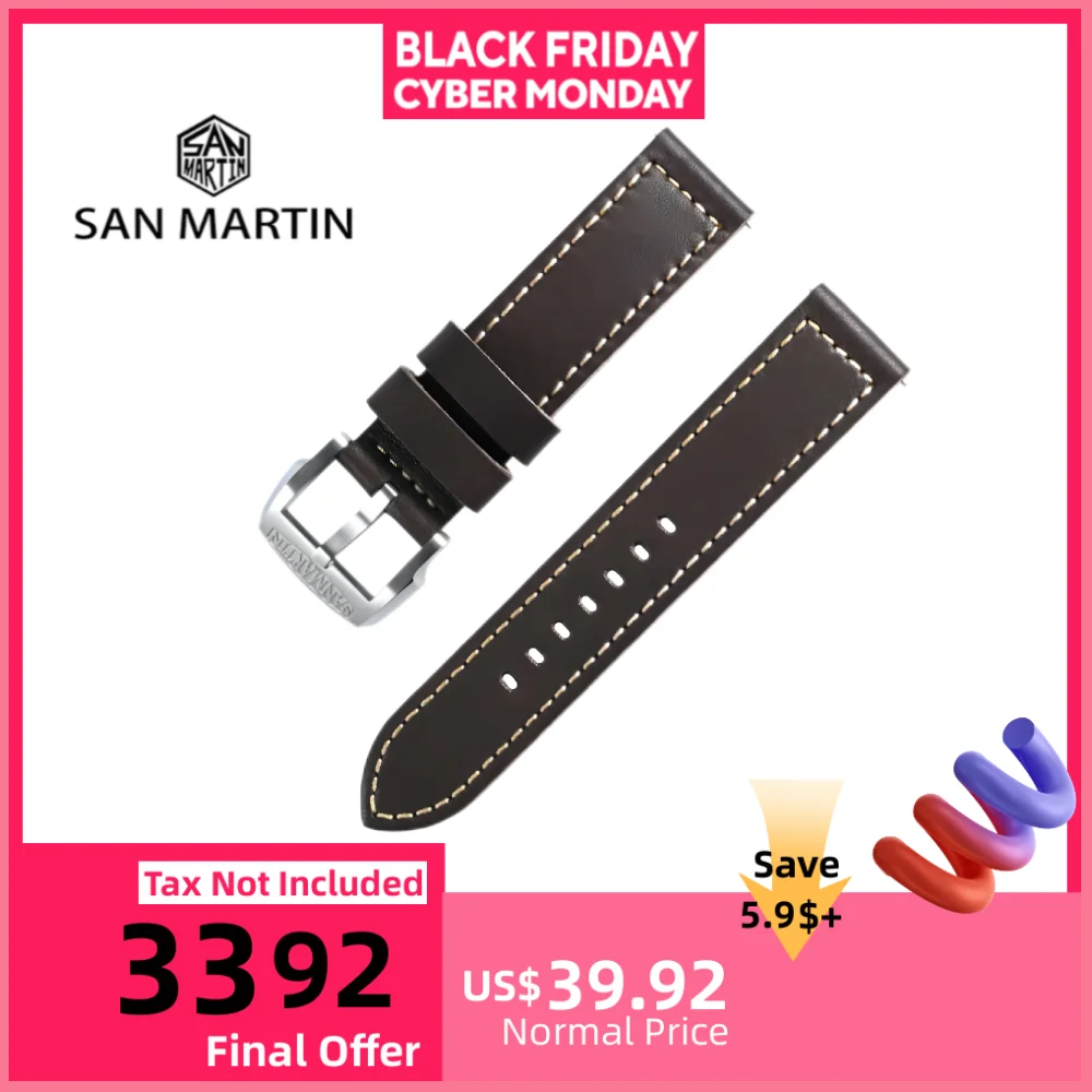 

Ремешок для часов San Martin 20 мм 23 мм Baha из телячьей кожи, ремешок для часов Ebenine, грубый западный ремешок, бронзовая стальная пряжка, быстросъемный