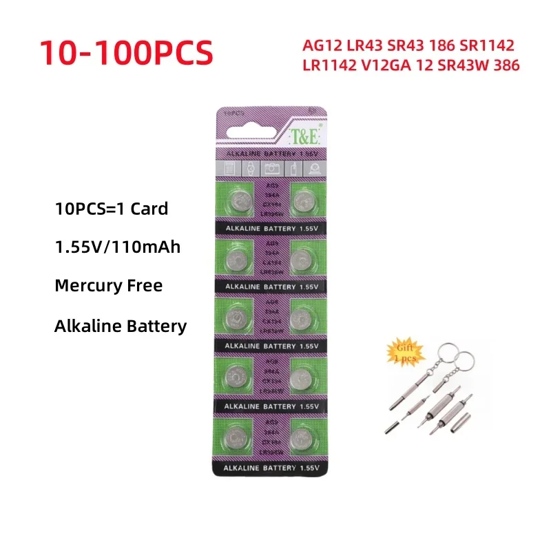 10-100PCS Battery AG12 LR43 SR43 186 386 LR1142 V12GA 12 SR43W SR1142 Cell Coin Batteries For Watch Toys Remote