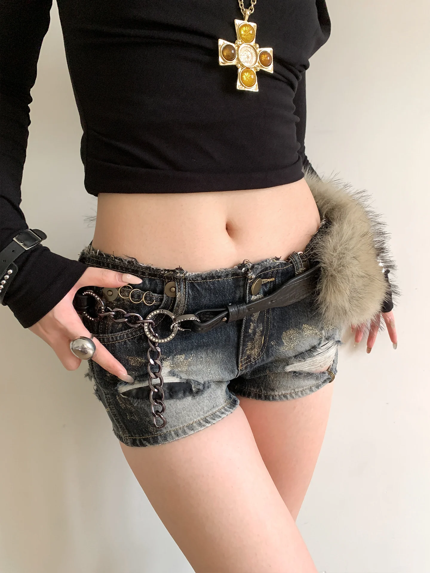 حزام ربط فروي ثقافة فرعية أمريكية Y2K للنساء مع تنانير جينز حزام على طراز فتاة حارة عتيقة