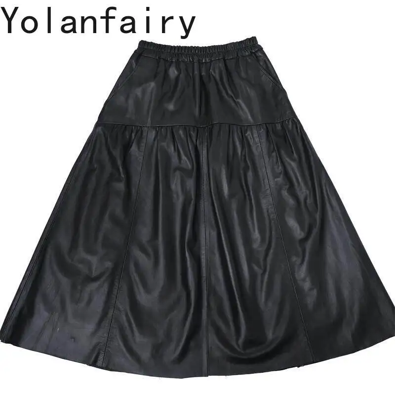 

YOLANFAIRY Women Long Skirt 2026 Autumn Winter Black Genuine Sheepskin Leather Skirt Elastic Waist Real Leather Umbrella Skirts