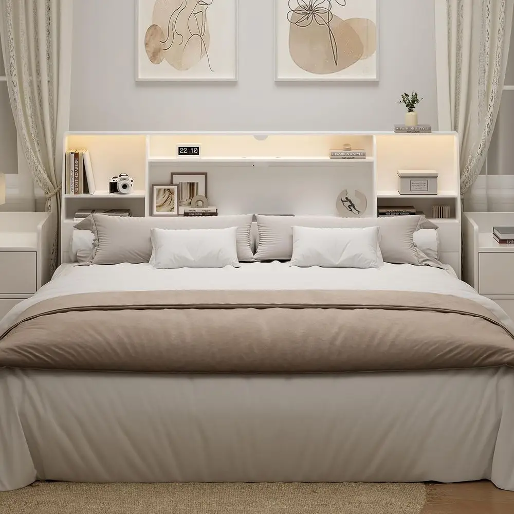 

Современное изголовье книжного шкафа White King со светодиодной подсветкой и зарядной станцией, хранилищем, бесшумным и прочным