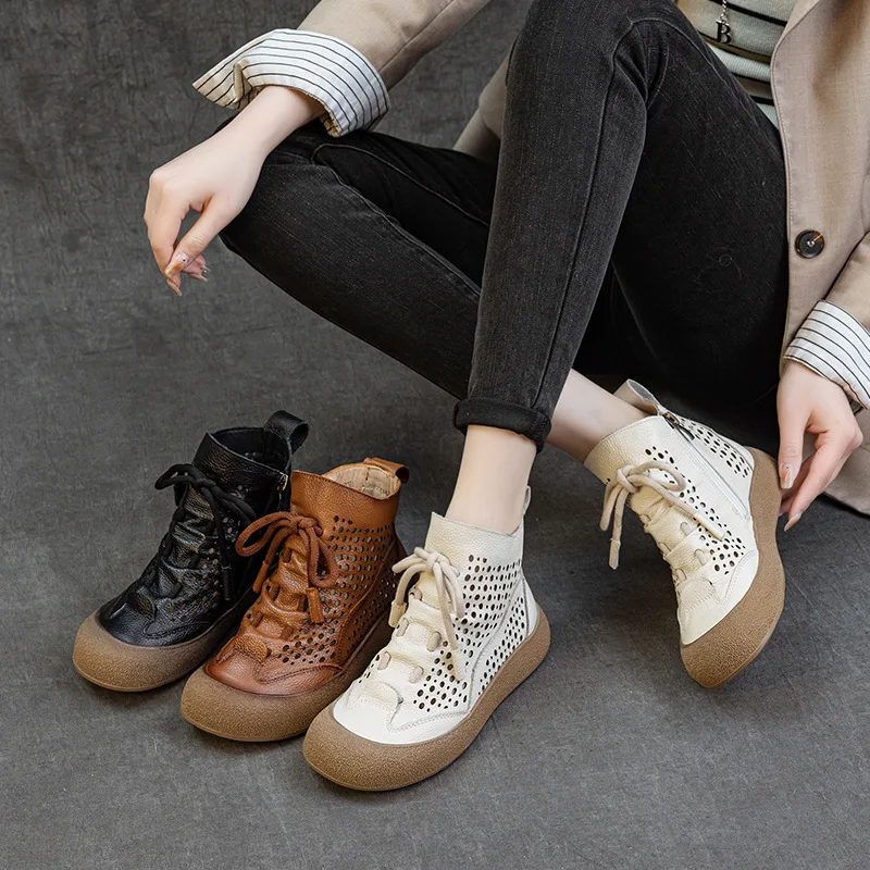 Top Layer Cowhide Women's Sandals Spring and Summer New Hollow Out Women's Hiking Shoes Soft Sole Breathable Casual Short Boots