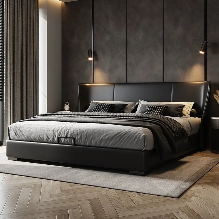 

Italian, black, leather bed, modern, simple, double, master bedroom, atmospheric, minimalist, light luxury