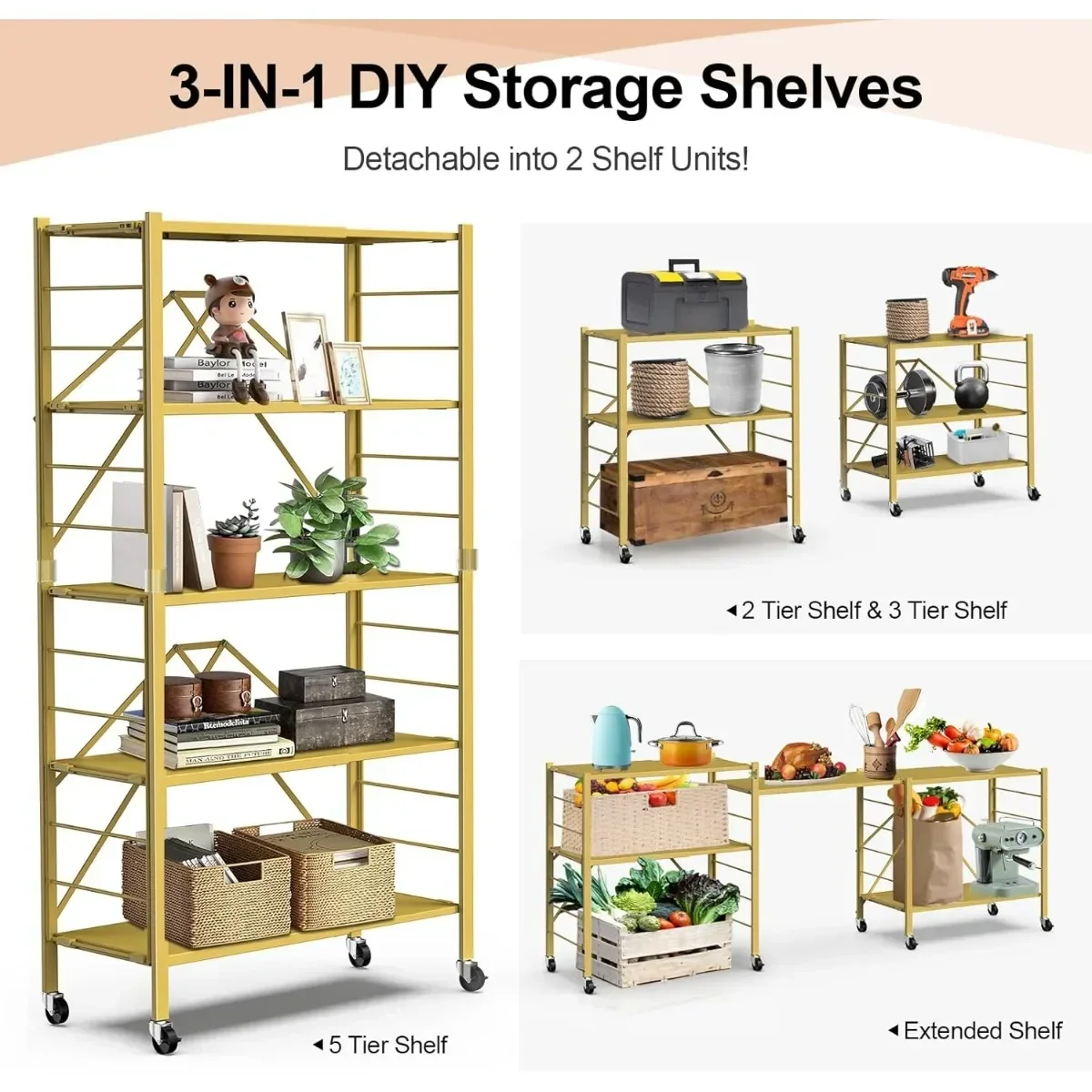 調節可能な5段折りたたみ式棚 ゴールド、省スペースガレージ用キャスター付きコンバーチブル収納ラック