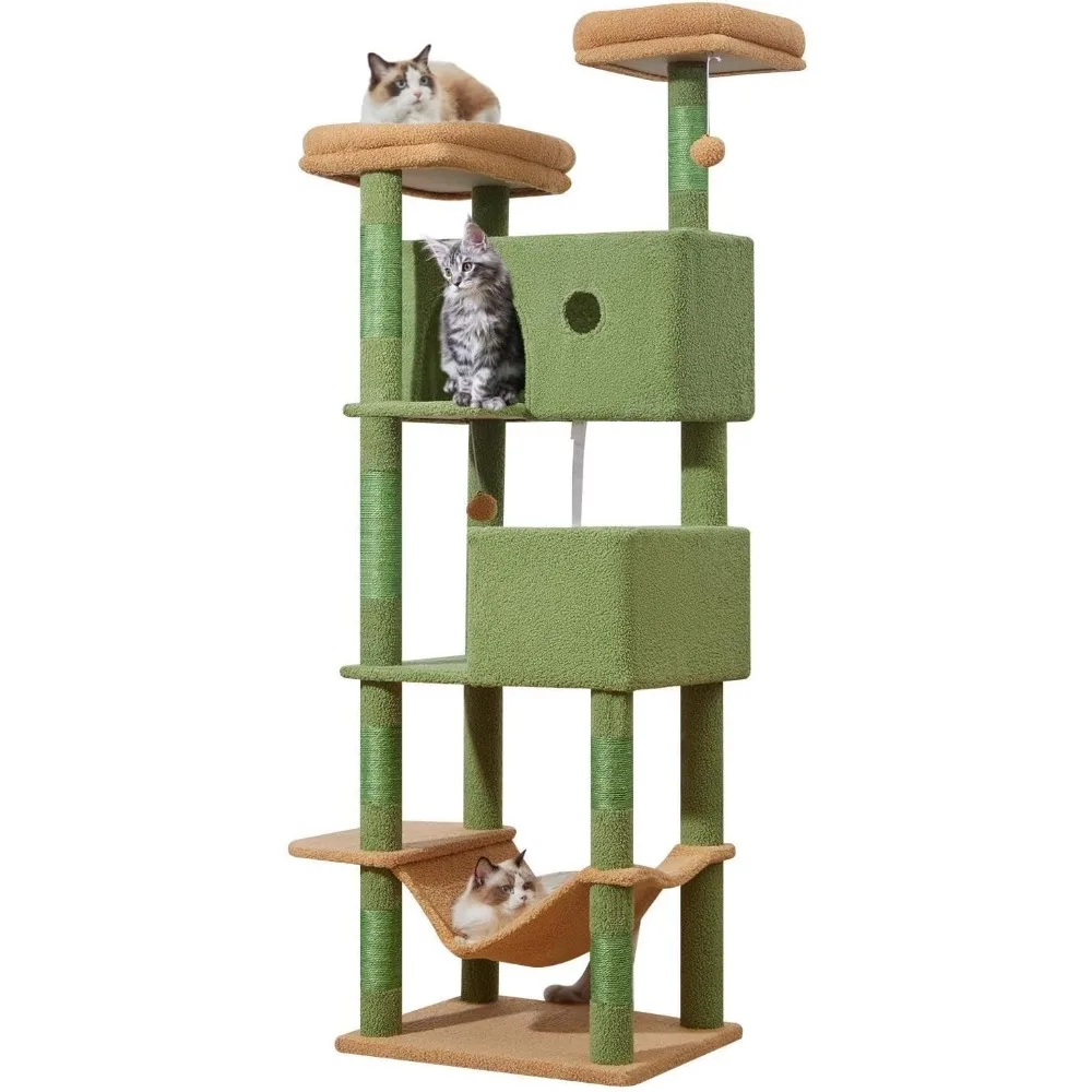 

Taoqimiao 70.4-Inch Cat Tree for Large Cats, Plush Multi-Level Cat Condo with 7 Scratching Posts, 2 Luxury Perches, 2 Caves, Ham