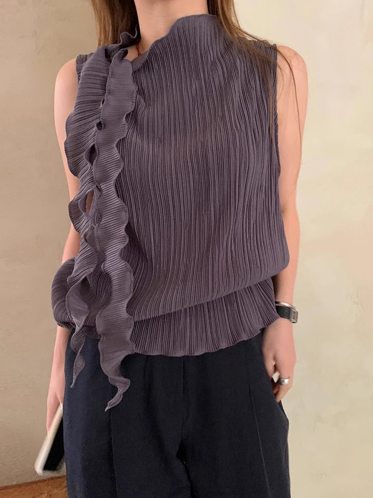

Fashion Ruffle Strap Solid Color Vest Shirt for Women's Summer New Style Pleated Versatile Sleeveless Top