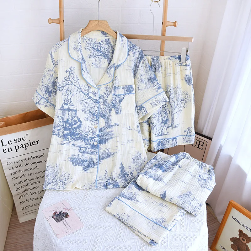 

2026 New Spring/Summer Women's Pajama Set 100% Cotton Crepe Three Piece Set Short Sleeve+Shorts+Pants Thin Home Clothing