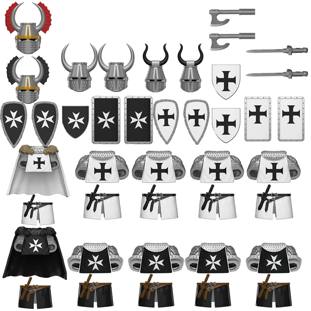 MOC Medieval Military War Knight Army Shield Weapons Clothing Helmets Building Blocks Warrior Sword Spear Bricks Toys Kids Gifts