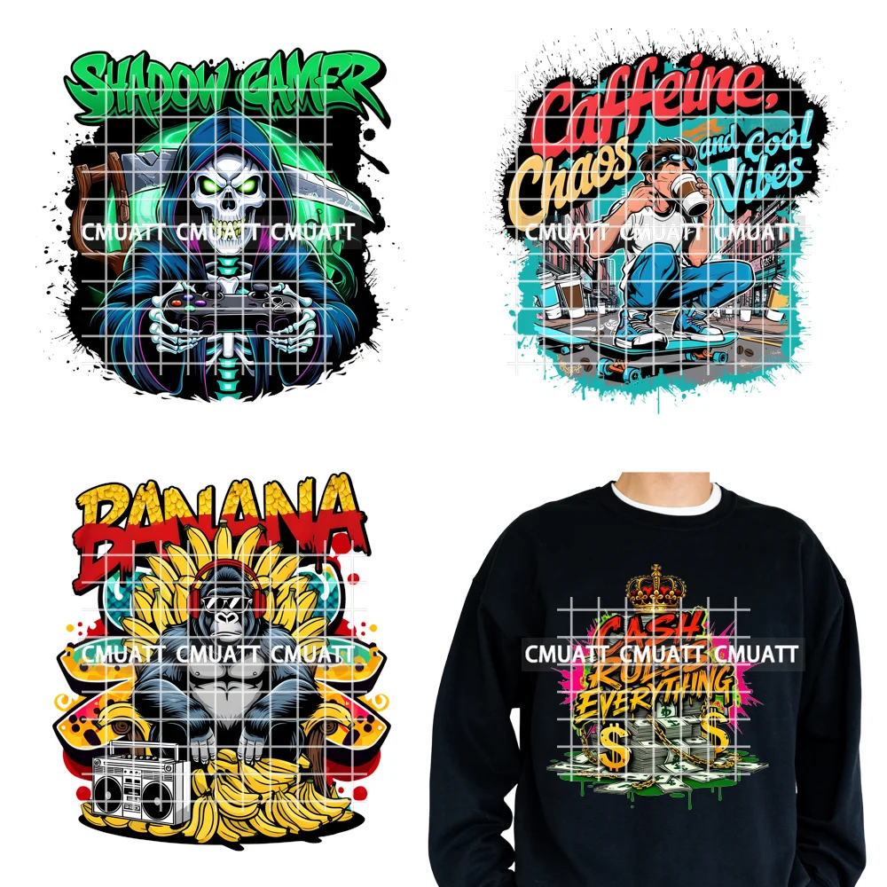 

12in Cool Shadow Gamer Gaming Hip Hop Graffiti Skull Controller Iron on DTF Transfers Stickers Ready to Press for Clothing Bags