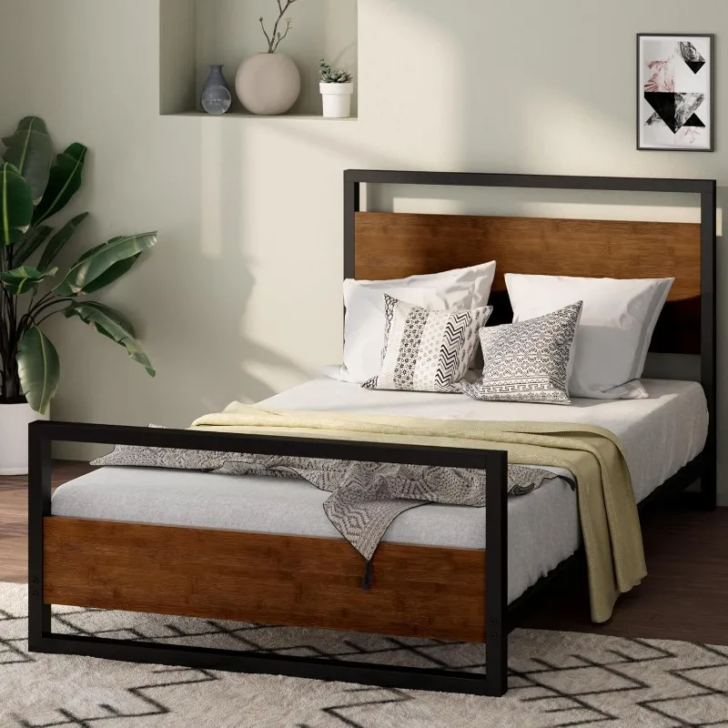 Suzanne Bamboo and Metal Platform Bed Frame with Footboard / Wood Slat Support / No Box Spring Needed / Easy Assembly, Full