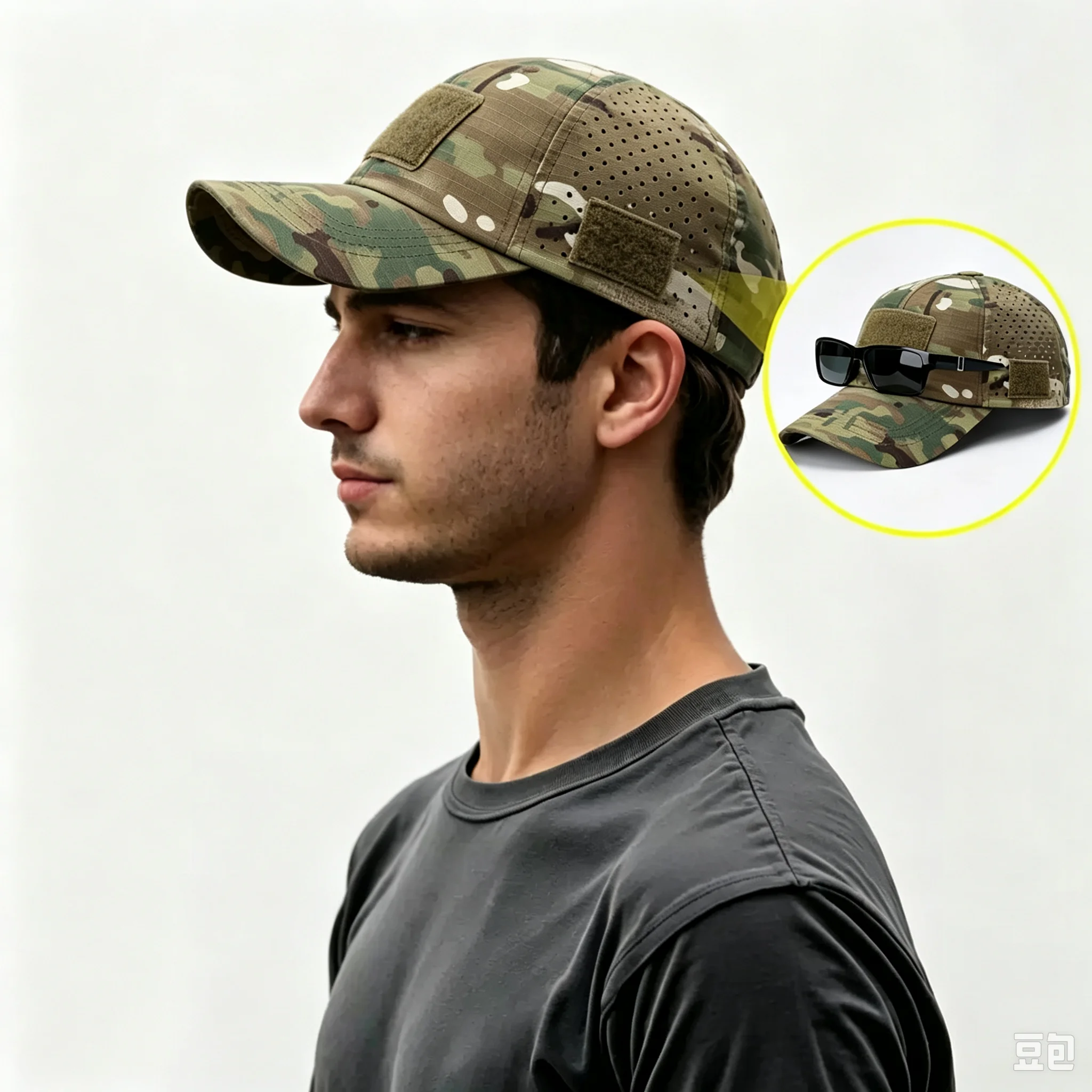 Camouflage Tactical Baseball Cap Velcro Patch Glasses Hole Men Outdoor Sports Hiking Fishing Hunting Summer Sun Visor Hat