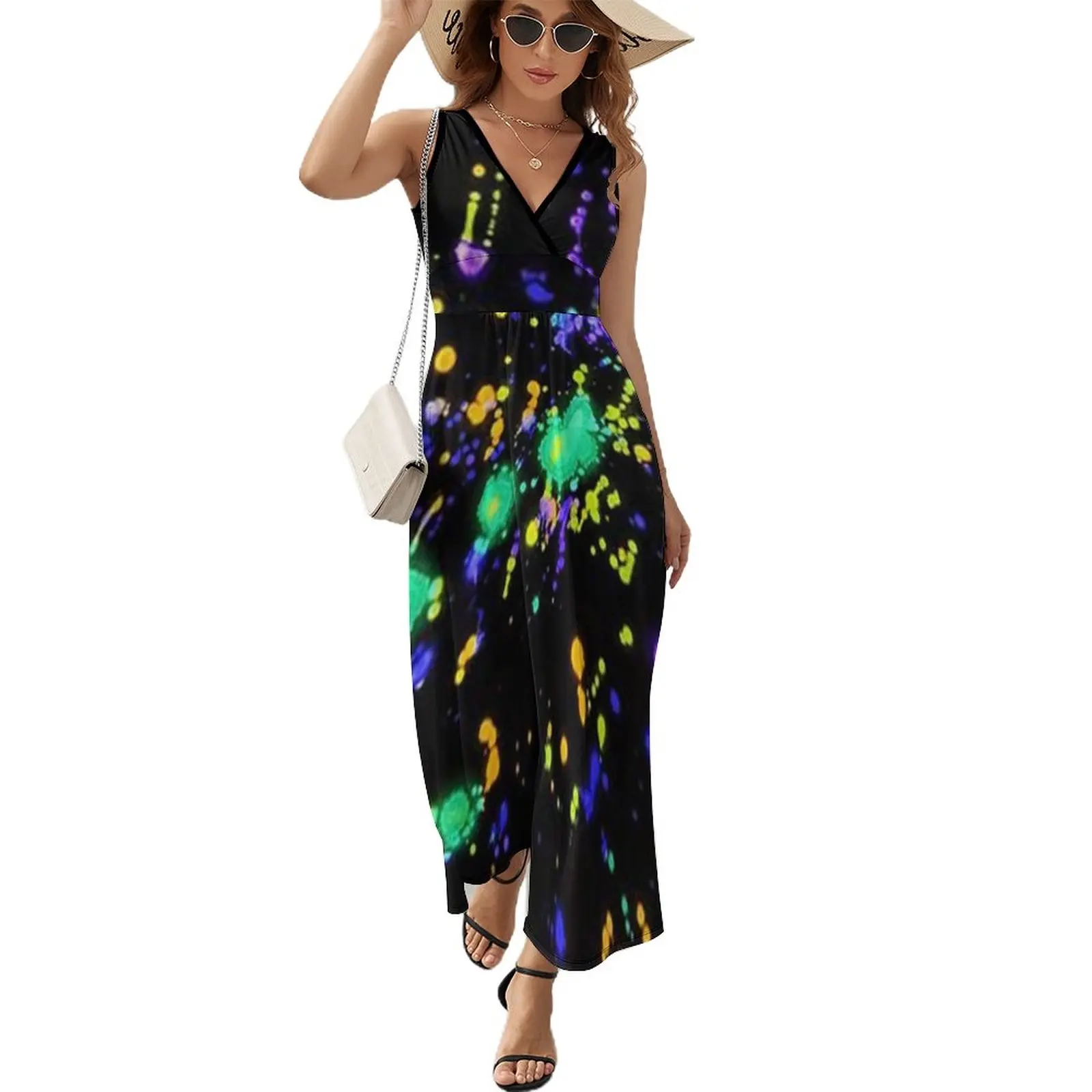 

Rainbow of Neon Paint Splatters Dress FemaleTrendy Maxi Dress V Neck High Waist Aesthetic Graphic Bohemia Long Dresses