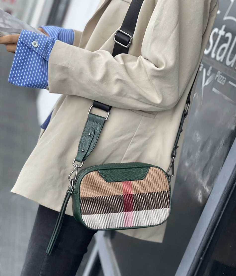 Imagem -02 - Bolsa de Couro Genuíno para Mulheres Bolsa Crossbody de Lona Pequena Alça Larga Aba Quadrada na Moda Bolsas de Ombro Estilingue de Luxo Caixa