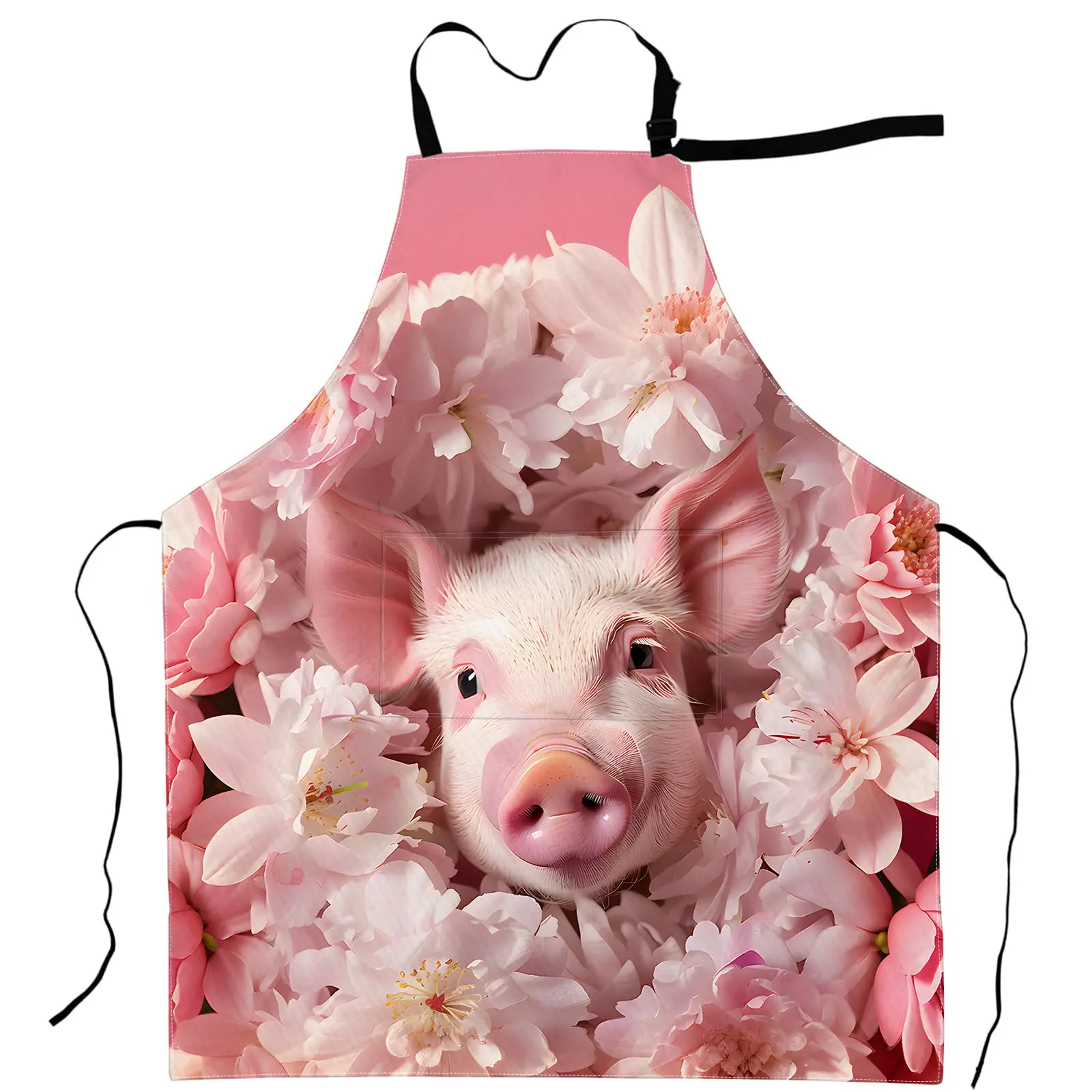 

Floral Pig Apron Cute Piglet with Pink Blossoms Aprons Waterproof Oxford Polyester Adjustable Pockets 
