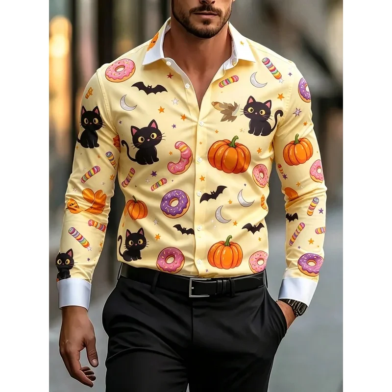 Men's Light Blue Cartoon Sticker Halloween Print Long Sleeve Shirt Button Up Casual Holiday Party Shirts