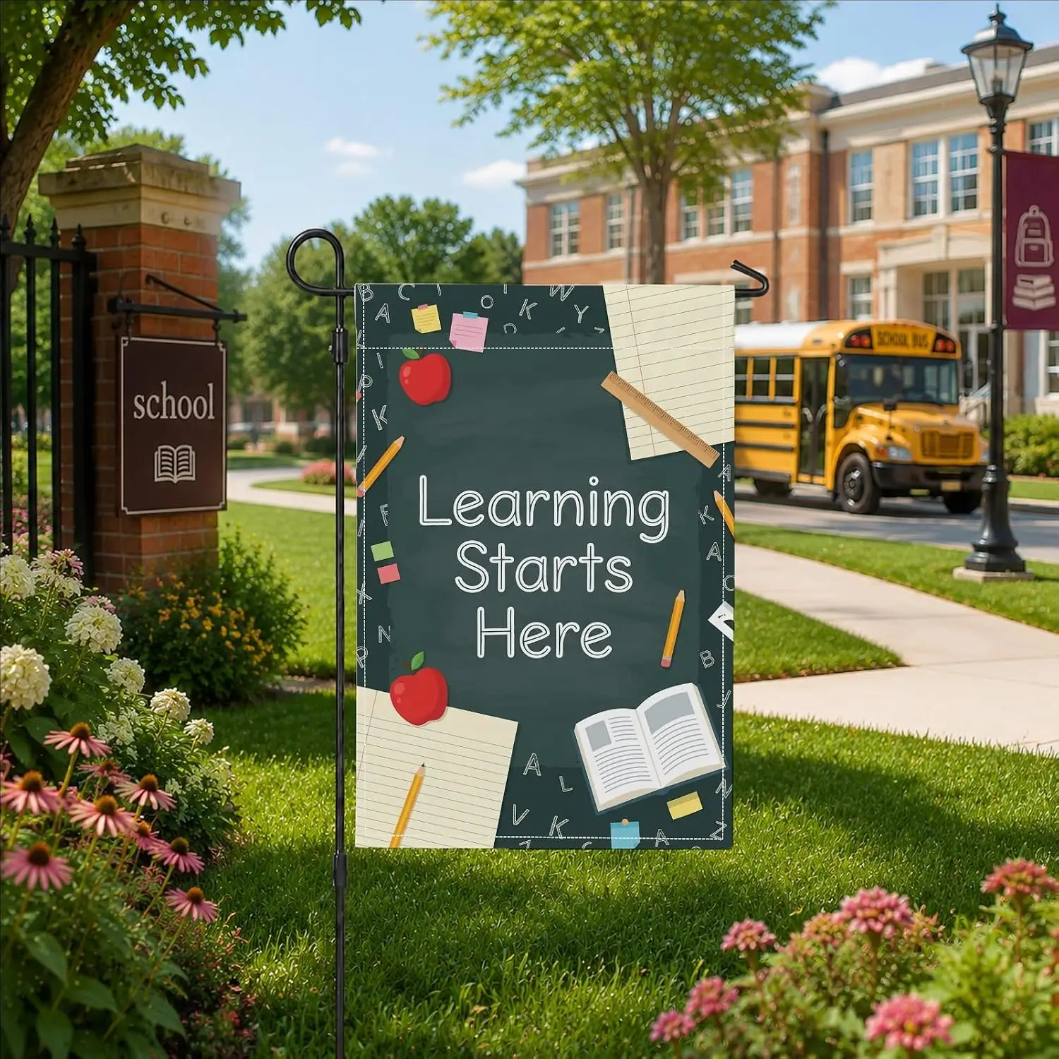 Fruits Garden Flag, Educational Playful Notebook Pencil Back to Campus Green Burlap Double Sided Small Garden Yard