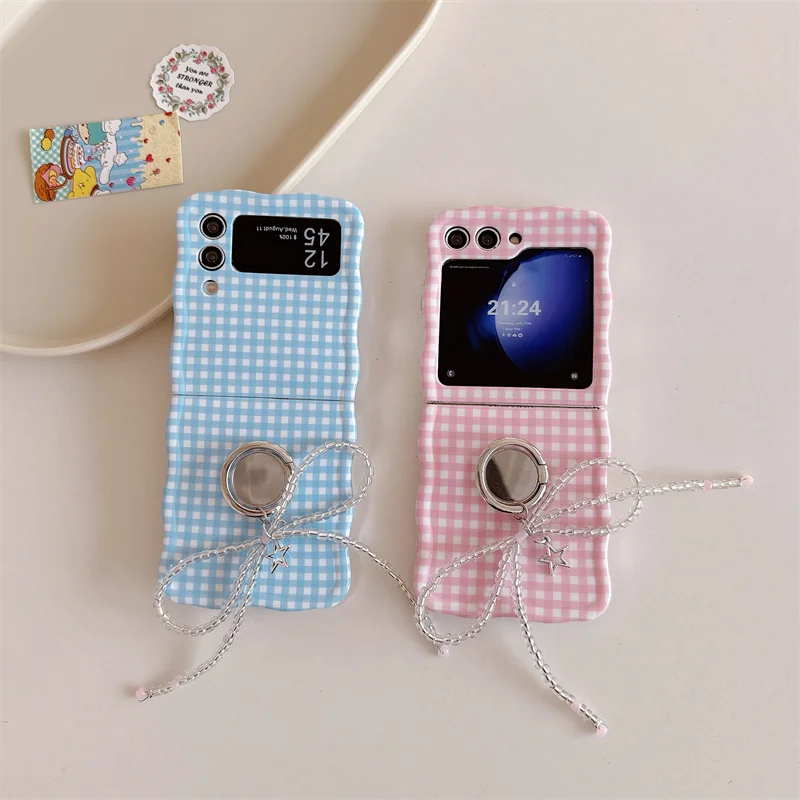 Phone Case For Samsung Galaxy Z Flip 3 4 5 3D Bow Lattice Pendant Wave Shockproof Cover For Samsung Z Flip3 Flip4 ZFlip5