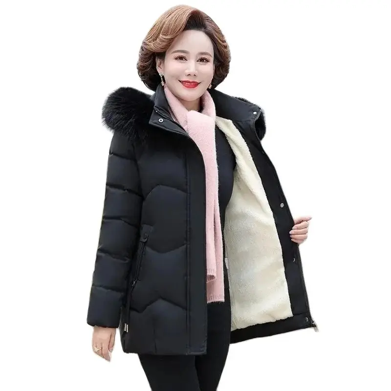 

Fashion Eiderdown Cotton-padded Jacket Middle-aged And Elderly Mothers Loose Jacket big Fur Collar Warm Hooded Coat Womens.